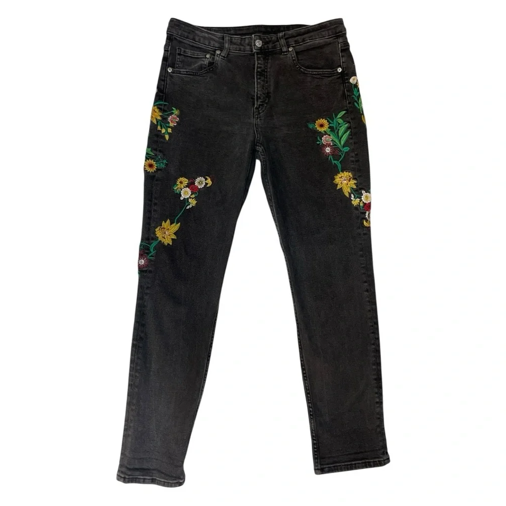 H&M Embroidered Floral Black Washed Denim Girlfriend Fit Jeans - Picture 2 of 12